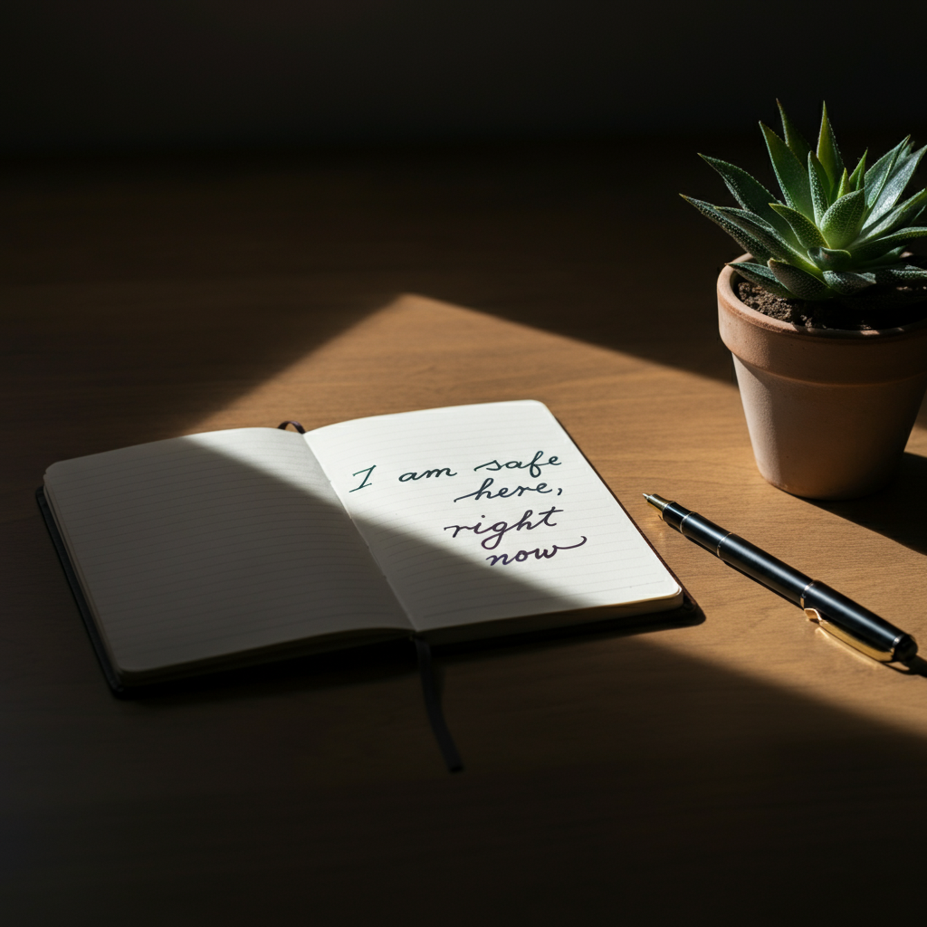 A journal and pen resting on a desk next to a small potted plant. The journal is open to a page with the words "I am safe here, right now" neatly written in calligraphy. Soft, natural light bathes the scene.