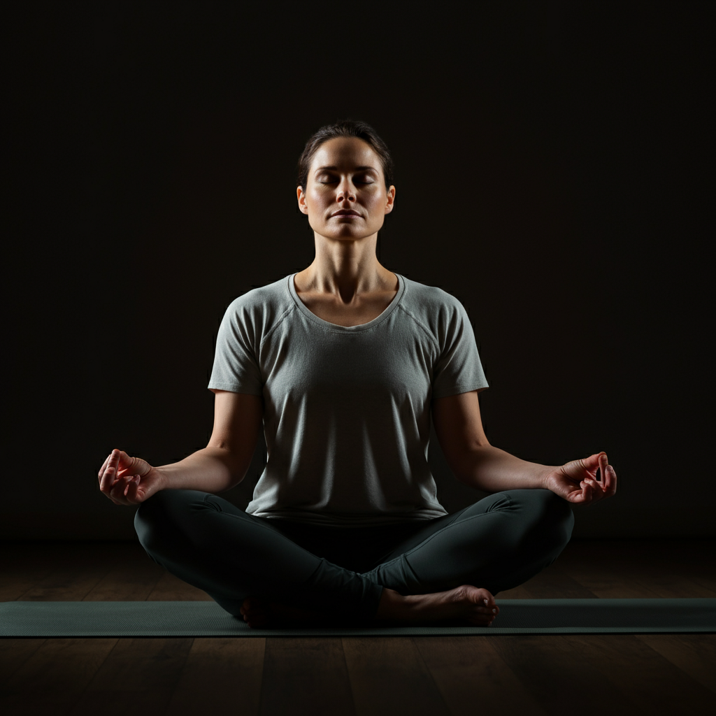 A person sitting in a cross-legged position on a yoga mat, eyes closed, hands resting gently on their knees. Soft, ambient lighting with a slight warm hue.