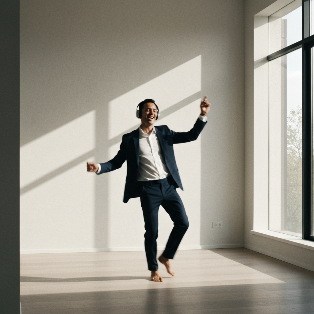 A person dancing freely in a sunlit room, headphones on, with a joyful expression on their face. The scene is captured with a slight motion blur to convey movement and energy.