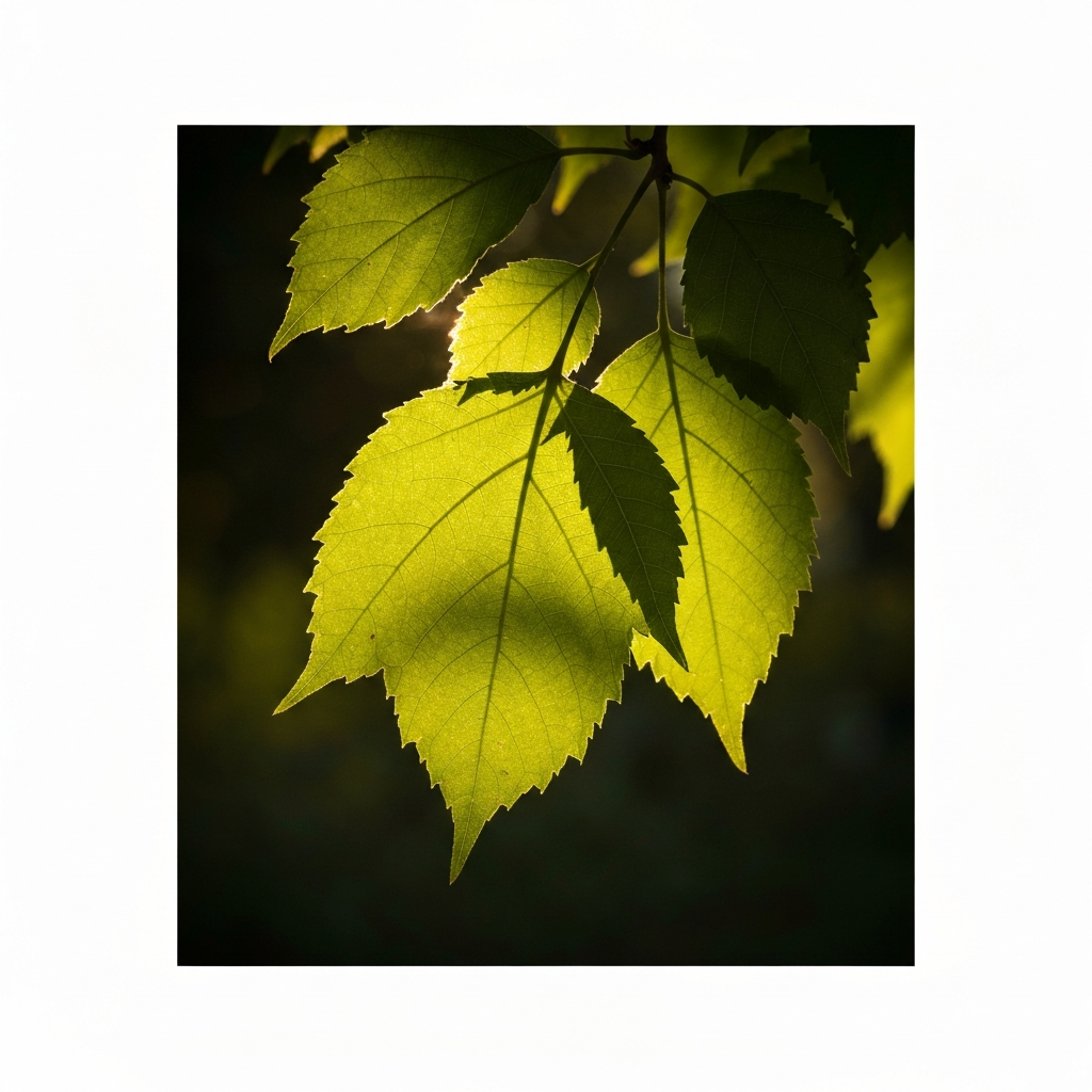 A close-up shot of sunlight filtering through the leaves of a tree, creating dappled patterns of light and shadow. Focus is on the texture of the leaves and the play of light.