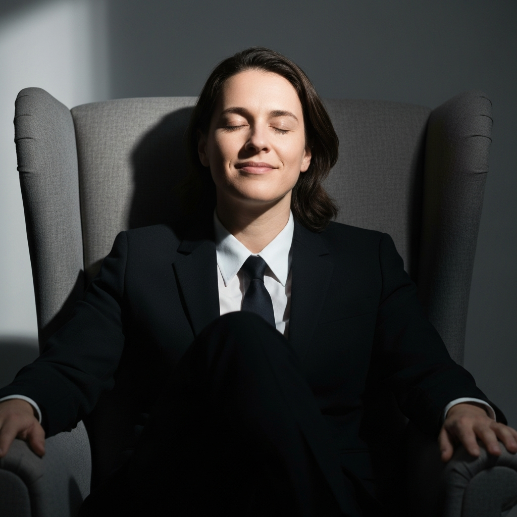 A person sitting in a comfortable armchair, eyes closed, with a calm and accepting expression on their face. Soft, diffused light illuminates their face and highlights the peacefulness of the moment.