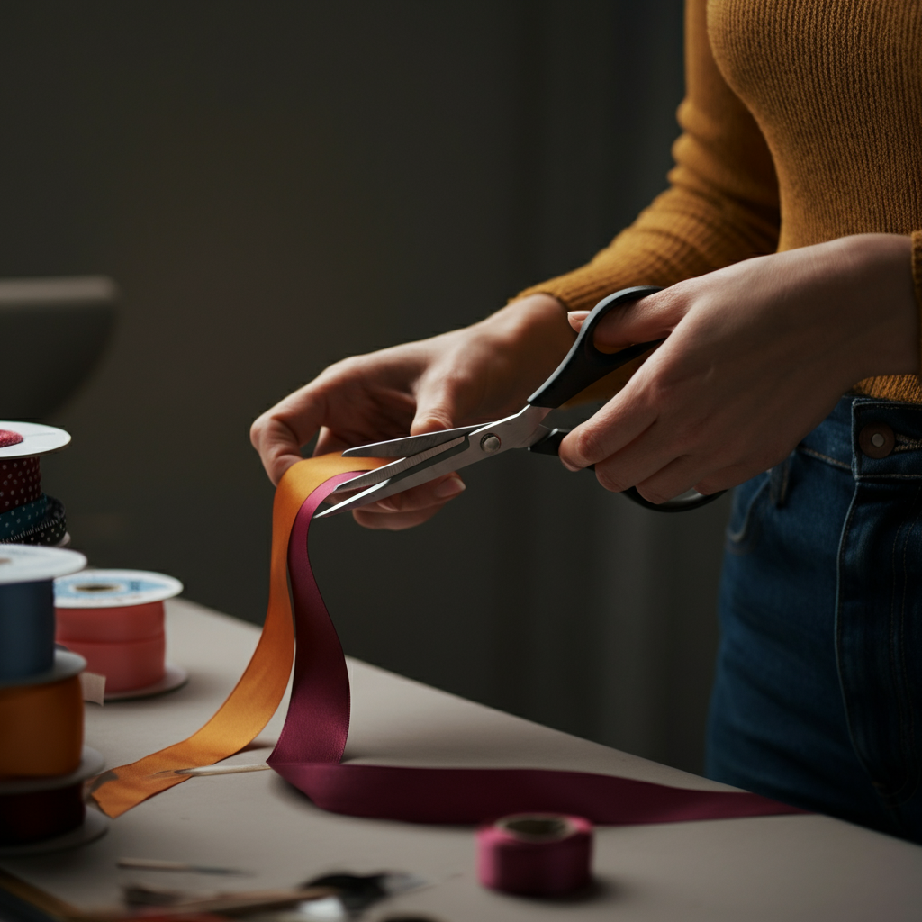 Close-up shot of hands carefully cutting vibrant grosgrain ribbon with sharp fabric scissors on a clean, well-lit crafting table. Soft bokeh in the background shows spools of different colored ribbons and crafting supplies.