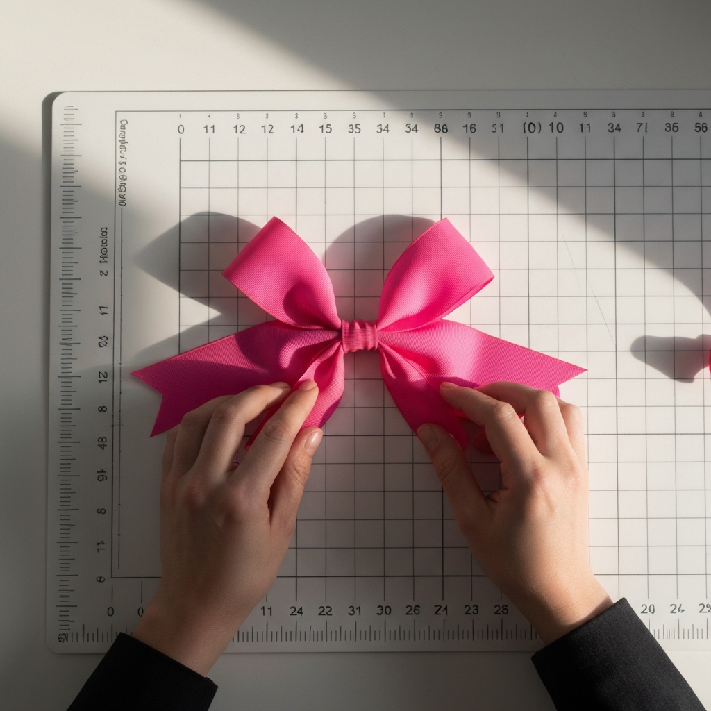 Overhead shot of a pair of hands folding a bright pink grosgrain ribbon into a classic cheer bow shape on a white cutting mat. Soft, diffused light highlights the texture of the ribbon and the precision of the folds.