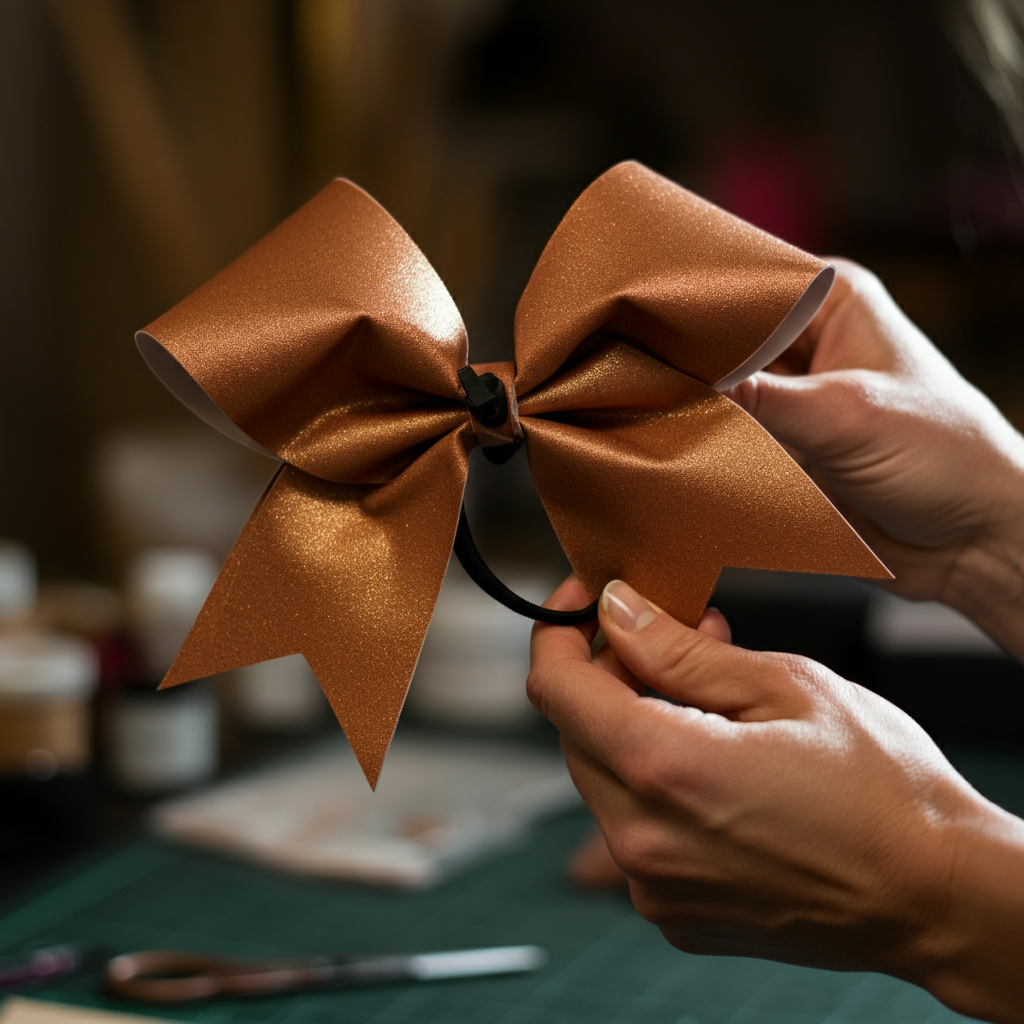 Medium shot of hands holding the center of the cheer bow, cinched tightly with a zip tie, with an elastic hair tie looped through it. The background is a blurred workspace with various crafting tools.