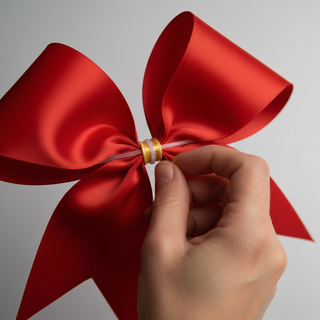 Close-up shot of a partially completed cheer bow, with a hand carefully wrapping a thin, contrasting color ribbon around the center, covering the zip tie. Soft lighting emphasizes the texture of the ribbons.