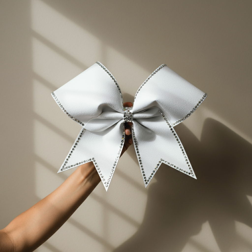 A person carefully fluffing the loops of a finished cheer bow, holding it up against a neutral background. The lighting is soft and even, highlighting the bow's shape and texture.