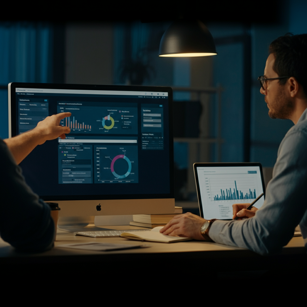 A well-lit office setting. Two marketing professionals are collaborating around a large monitor displaying audience demographic data. One is pointing at a graph, while the other is taking notes in a leather-bound notebook. Soft overhead lighting and shallow depth of field.