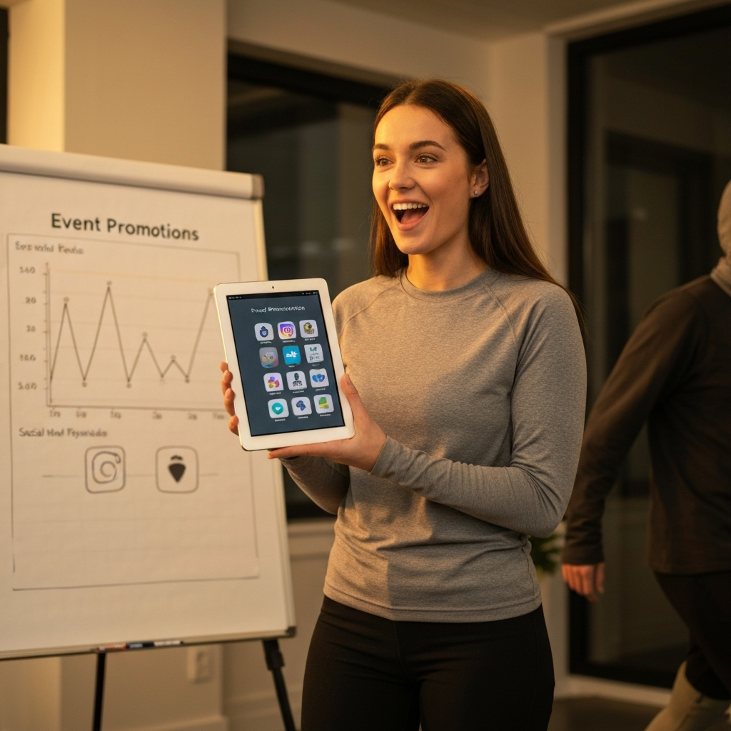 A young woman is enthusiastically presenting on event promotions using a tablet displaying various social media platforms. She's standing in a modern office, with a whiteboard showing social media analytics in the background. Warm, indirect lighting creates a professional atmosphere.