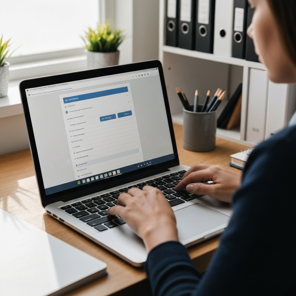 A person is typing on a laptop in a well-organized home office. The laptop screen displays an email marketing platform. Sunlight streams through the window, illuminating the keyboard. Shallow depth of field to focus on the screen.