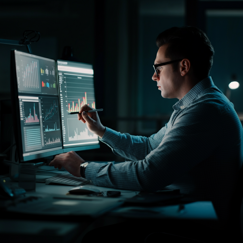 A data analyst is studying a complex chart on a large monitor in a dimly lit office. They are wearing glasses and appear deeply focused. The room is filled with the low hum of computers. The scene emphasizes intense concentration and data interpretation.