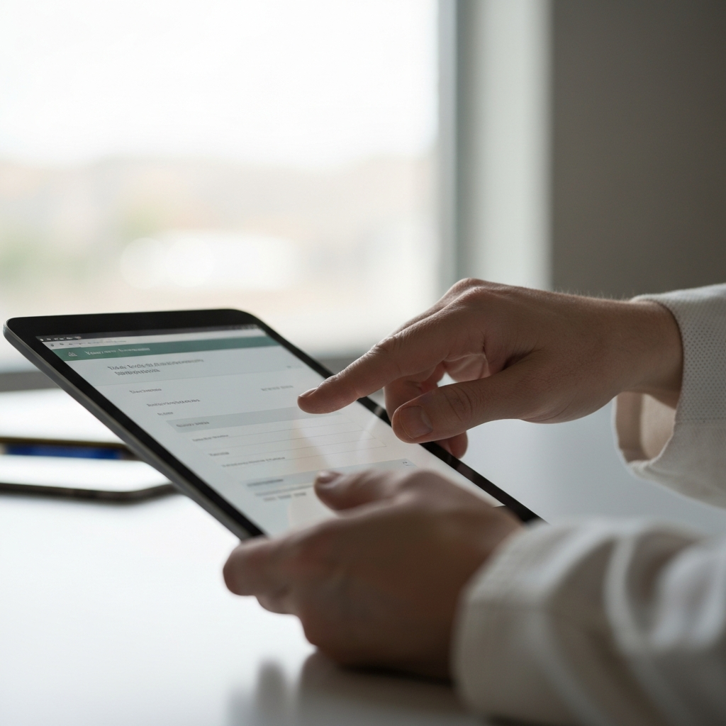 Close-up of a beekeeper's hand using a touchscreen tablet to fill out an online form on a state agriculture department website. Soft, diffused lighting from an office window, focusing on the tablet screen and the beekeeper's hand. Subtle bokeh effect in the background.