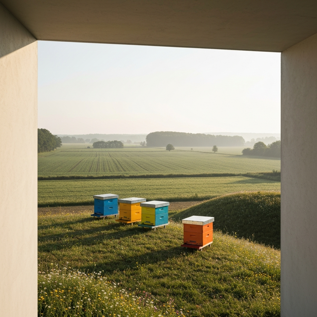 Wide shot of a rural landscape. In the foreground, several brightly colored beehives are positioned atop a gentle hill, surrounded by wildflowers. In the background, a hazy agricultural field stretches towards the horizon. The scene is bathed in the warm, golden light of early morning.