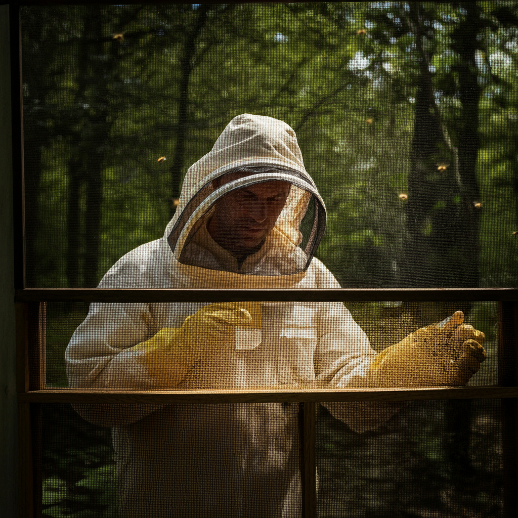 A beekeeper wearing protective gear carefully inspects a bee colony through a mesh screen. The screen is slightly blurred, creating a sense of distance. Warm, natural light filters through the trees in the background, creating a dappled effect.
