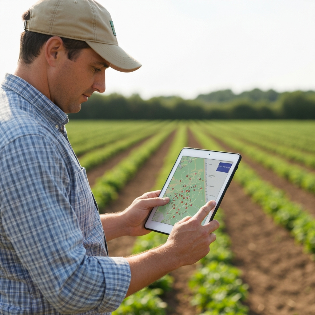A farmer using a tablet in a field, reviewing a map showing the locations of nearby beehives. The background shows rows of crops with soft focus. The lighting is bright and sunny, typical of a midday scene.