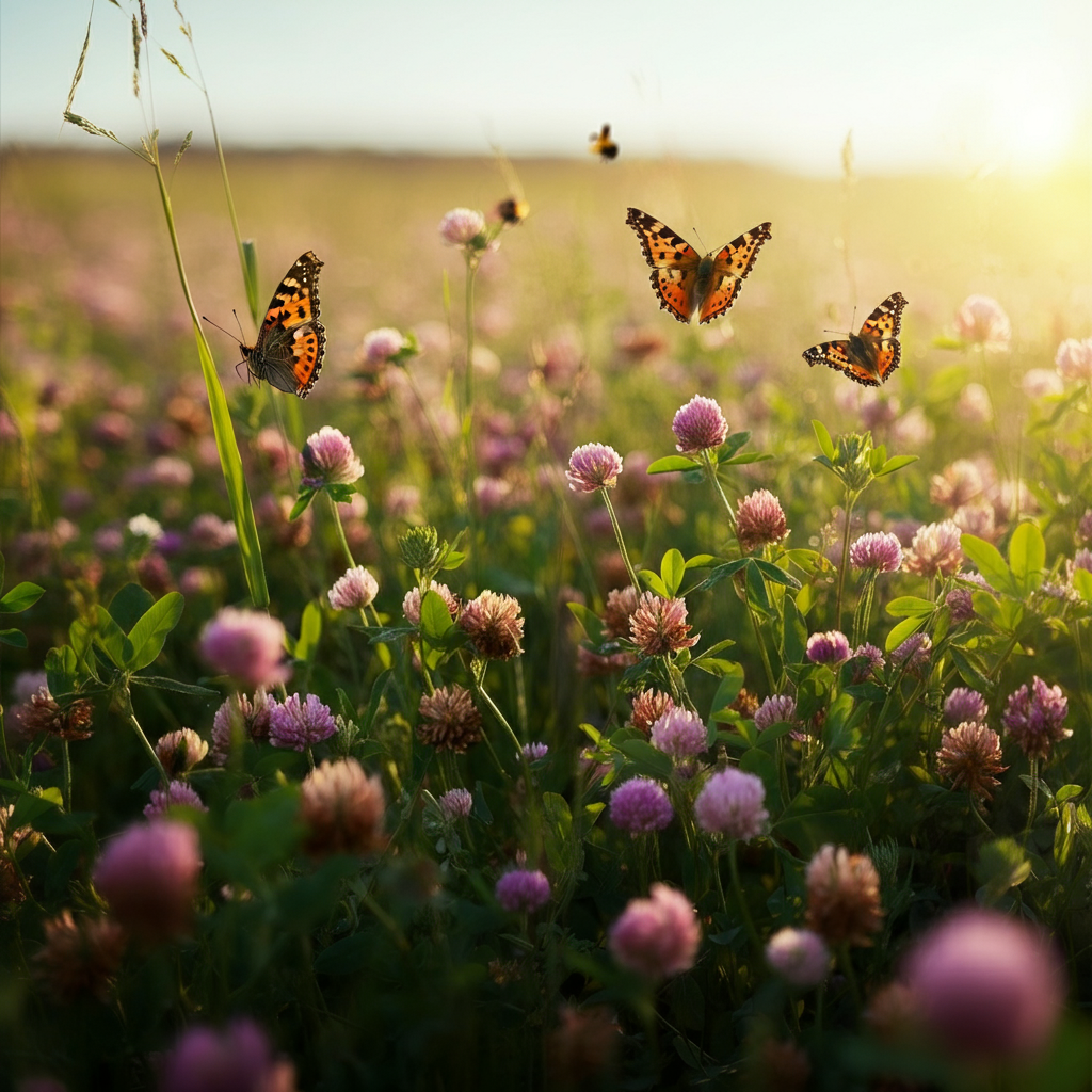 A vibrant field of wildflowers, including clover, alfalfa, and other native species. Butterflies and bees are visible, actively pollinating the flowers. The scene is bathed in bright, natural sunlight, creating a sense of abundance and vitality.
