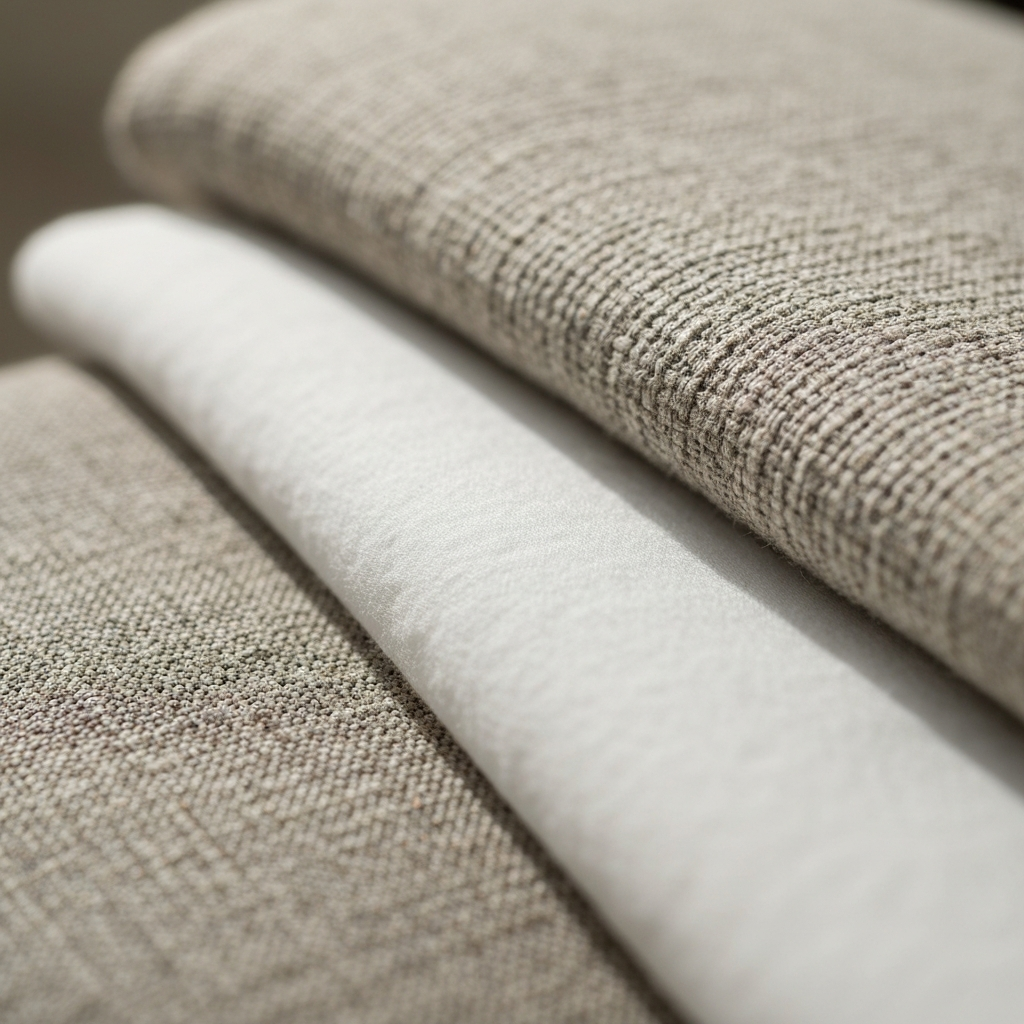 A close-up shot of various fabric textures – linen, cotton, and bamboo – side-lit to emphasize the weave and breathability. Soft bokeh in the background.