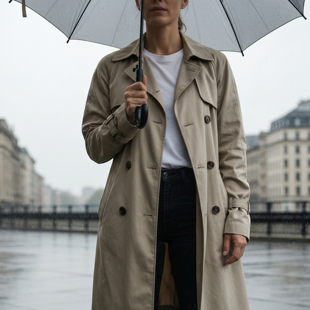 A woman standing outside in a cityscape during a light rain shower. She is wearing a light-colored t-shirt, dark jeans, and a beige trench coat. She holds a small umbrella. Focus is on the texture of the trench coat and the raindrops on the umbrella. Natural lighting.