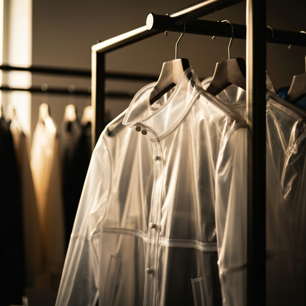 A close-up of a transparent raincoat hanging on a rack, showcasing the details of its construction and material. Backlighting to highlight the transparency. The rack is in a well-lit retail environment.