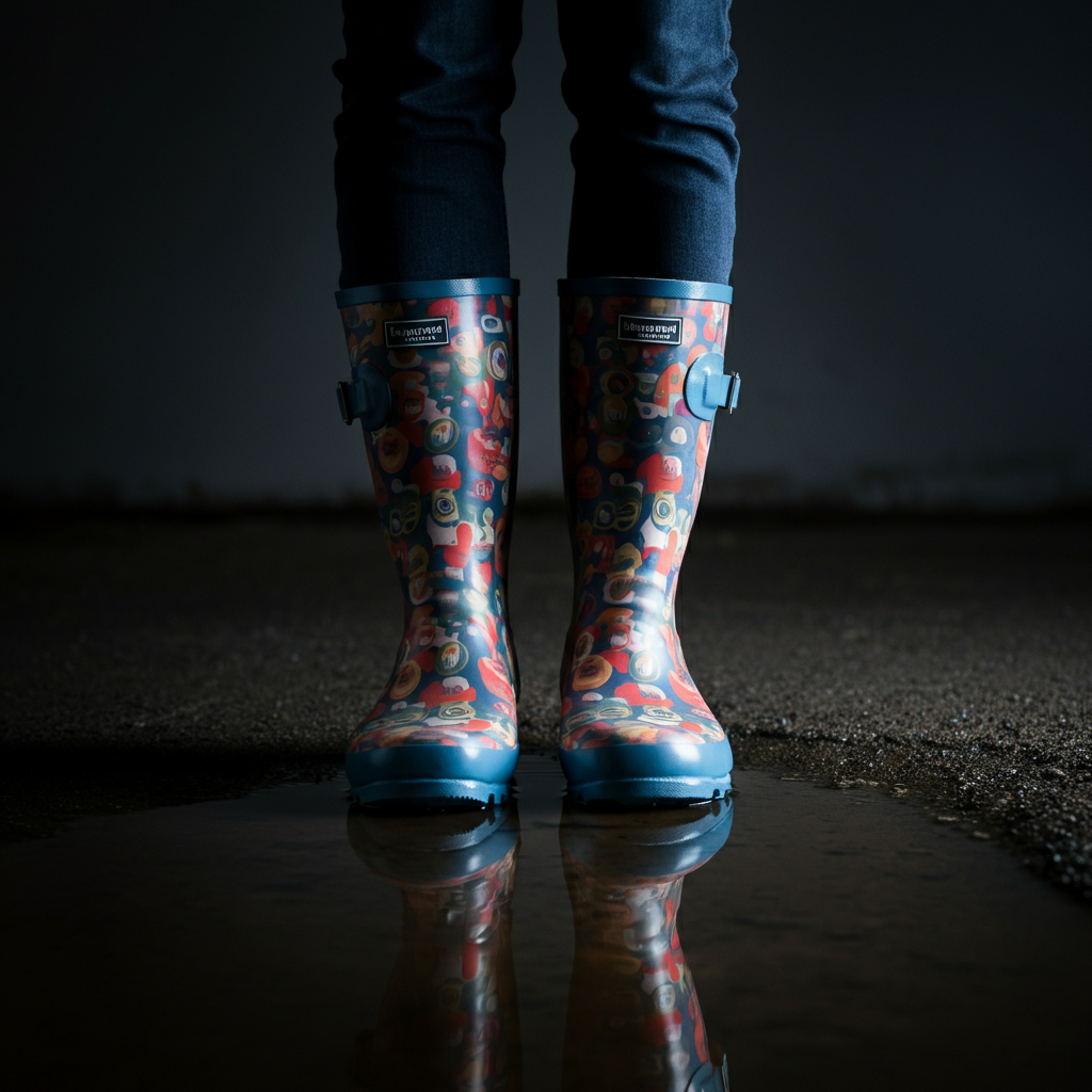 A pair of colorful rain boots standing in a puddle. The boots are clean and new, reflecting the surrounding environment. Soft, diffused light to minimize harsh shadows.