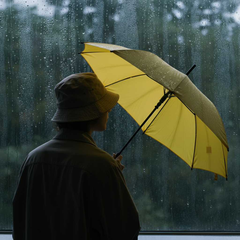 A person holding a bright yellow umbrella against a backdrop of rain-streaked windows. The person is wearing a neutral-colored bucket hat. Focus is on the umbrella and the rain droplets. Natural, overcast lighting.