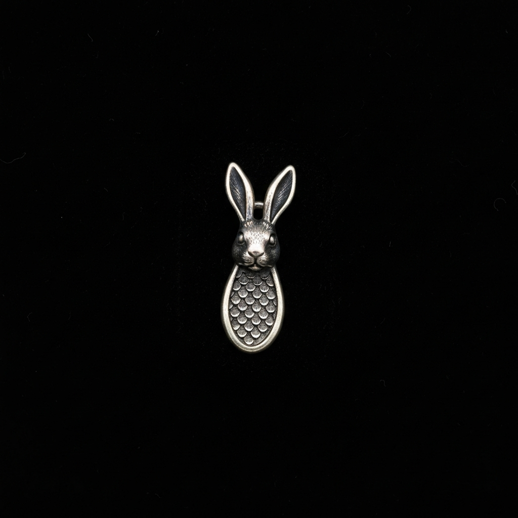 Close-up of a vintage silver rabbit's foot charm, softly lit against a dark velvet background.