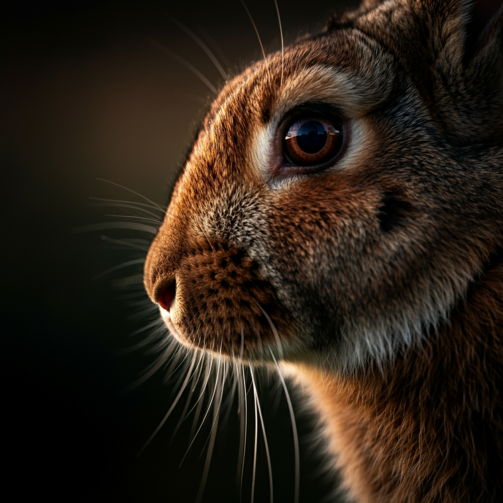 A close-up of a rabbit's nose twitching, detailed texture of its fur visible, side-lit to emphasize form.