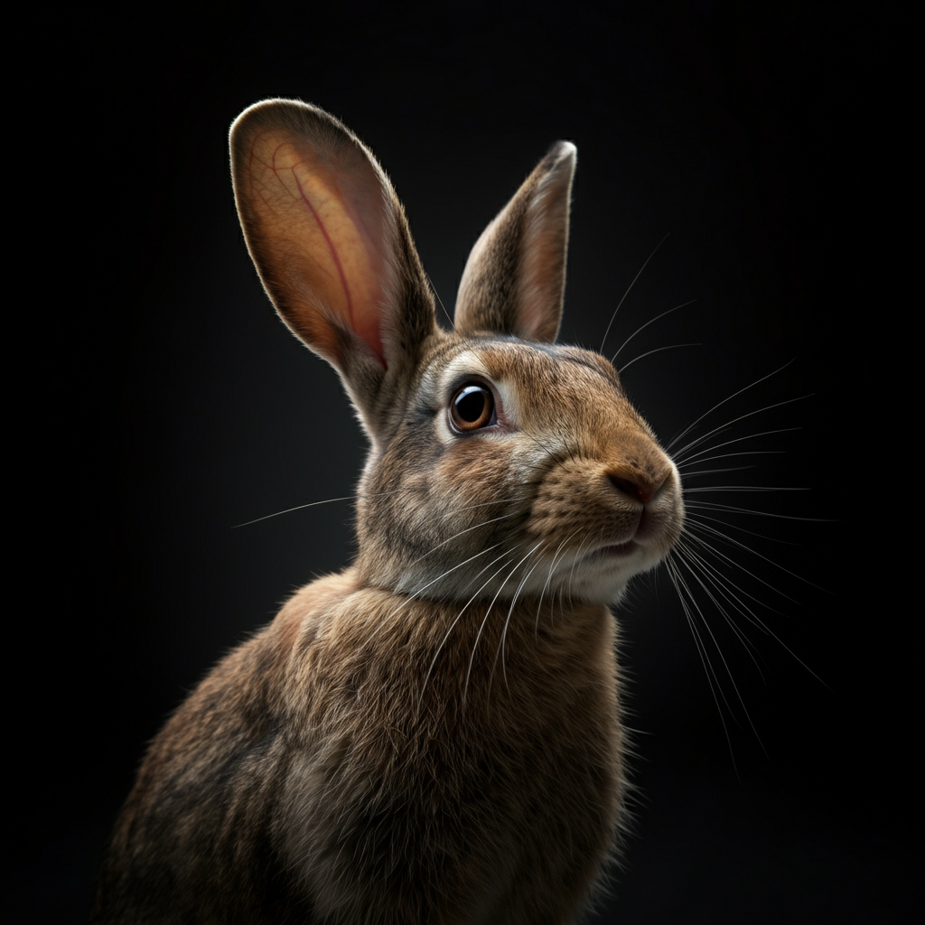 A rabbit alert and listening, ears perked up, captured in a low-angle shot with natural light.