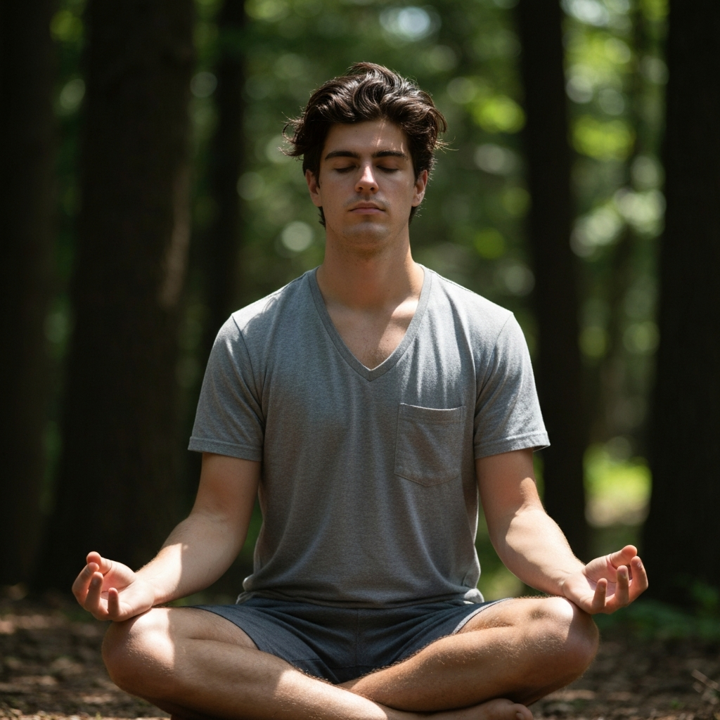A person meditating outdoors, hands resting on their knees, with a blurred background of a forest and dappled sunlight.
