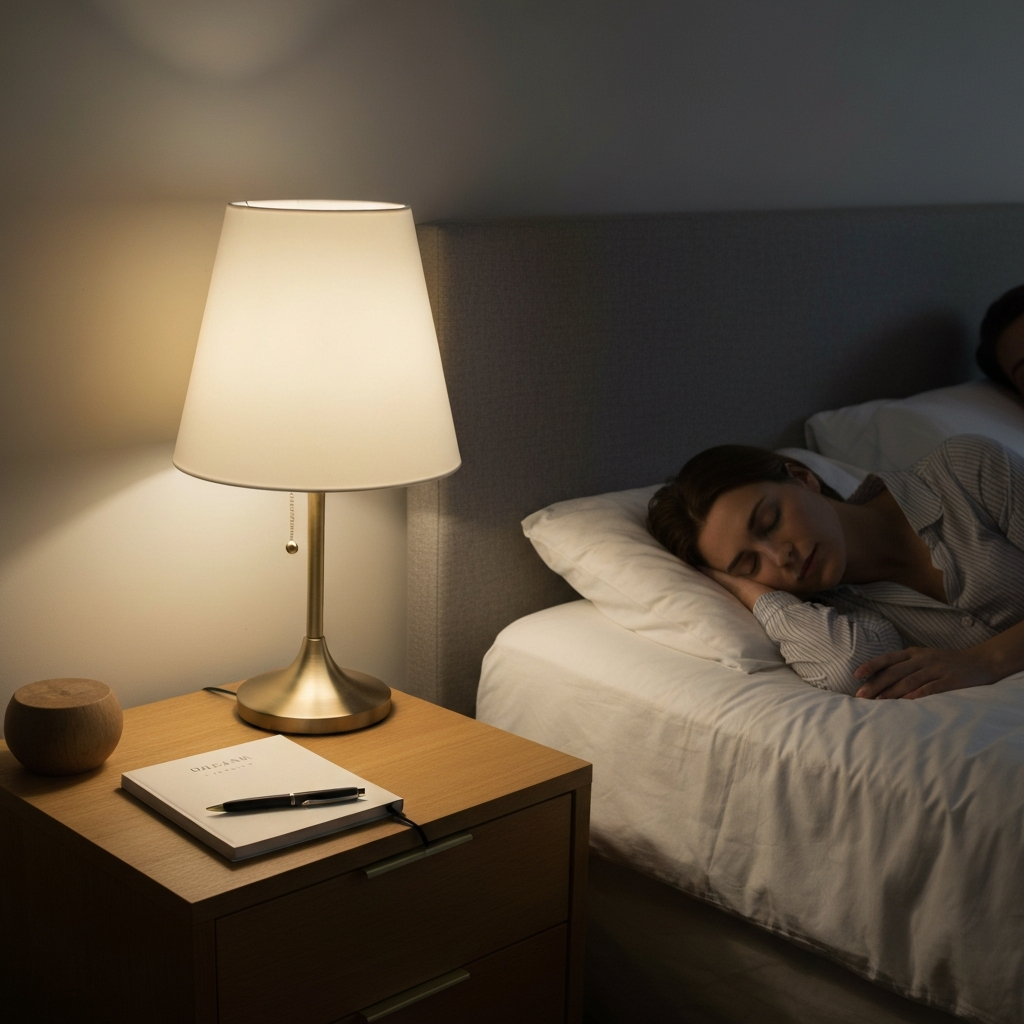 A softly lit bedroom at night, with a dream journal and pen resting on a nightstand next to a sleeping person, selective focus.