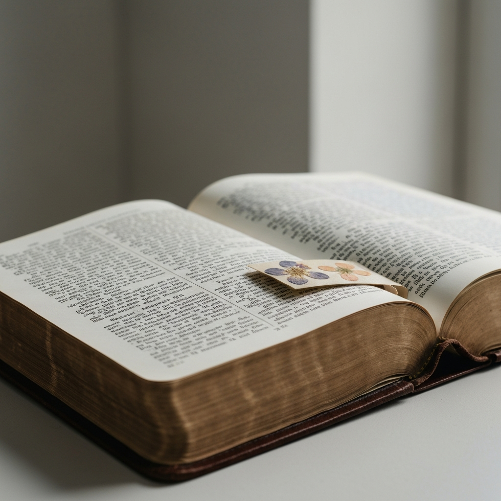 A close-up of an antique, leather-bound Bible open to the book of Matthew, with a small bookmark made of pressed flowers.
