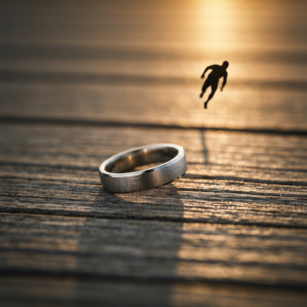 An elegant, simple wedding band resting on a weathered wooden surface, side-lit to emphasize the texture of both the metal and the wood.