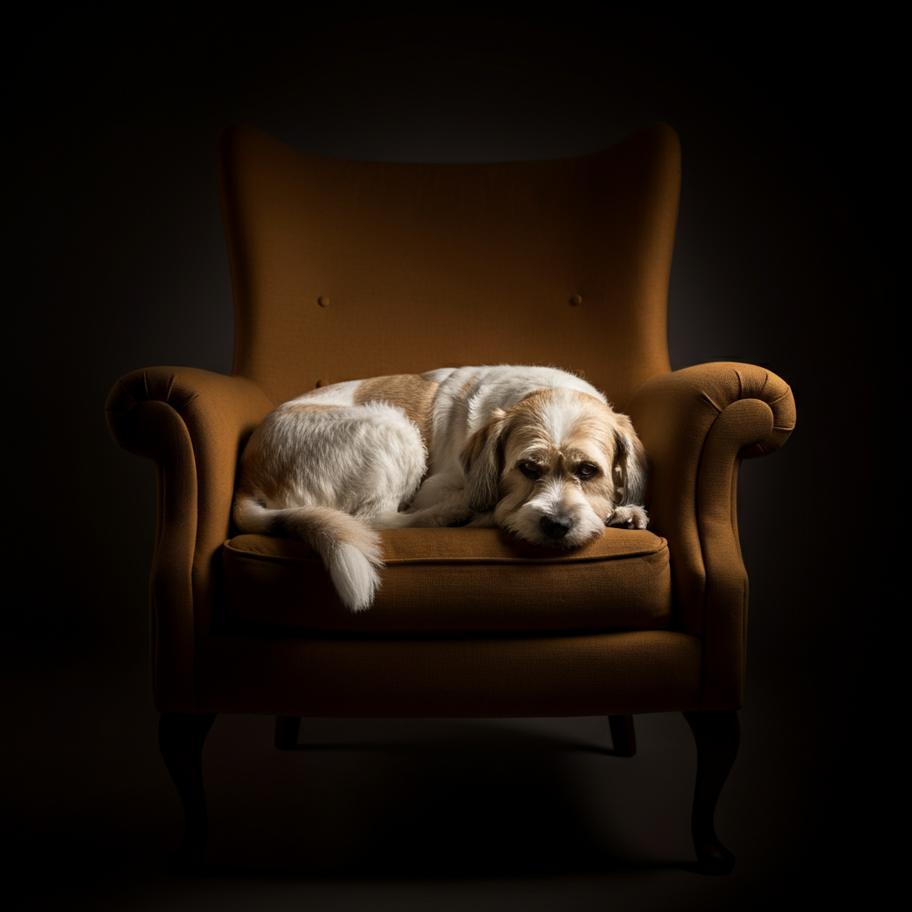 A soft, warm light illuminating a fluffy dog curled up on a comfortable armchair, with a gentle bokeh effect in the background.