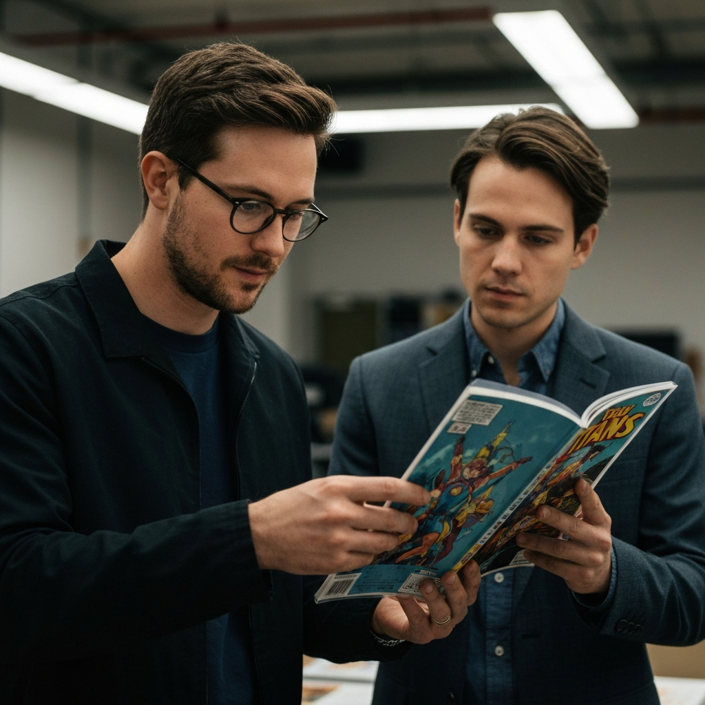 Medium shot of two comic book collectors, softly lit by overhead fluorescent lights, carefully examining the cover of a Teen Titans comic. The comic book is held in protective mylar with visible texture.