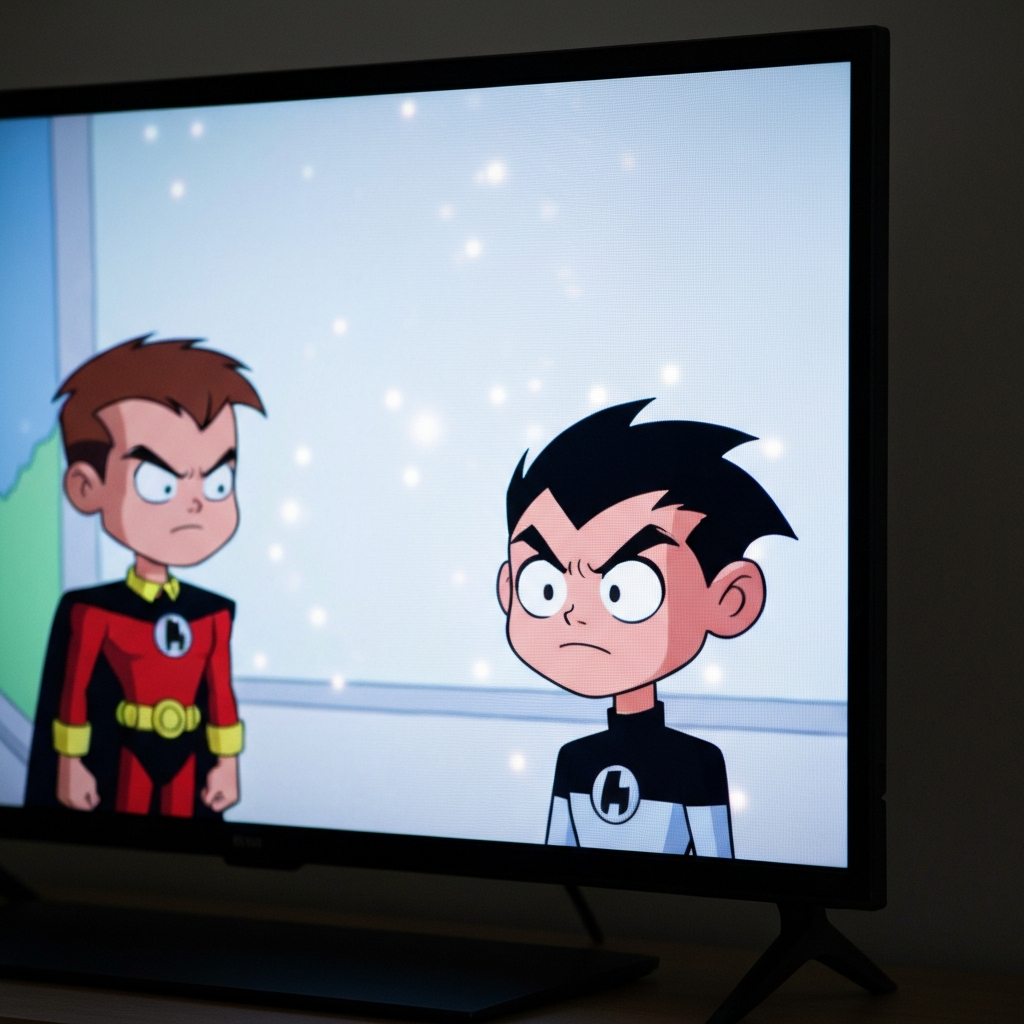 Close-up shot of a TV screen displaying a scene from the original Teen Titans animated series. The screen is slightly blurred, with visible pixelation and soft glow. The characters are illuminated by the screen's light.