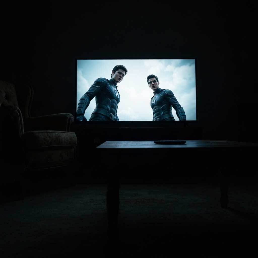 Low-angle shot of a dimly lit television screen showcasing a scene from the Titans live-action series. The screen's light casts a soft glow on the surrounding dark room, highlighting the textures of the furniture.