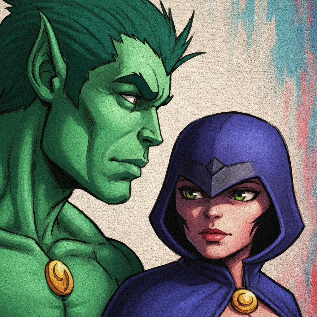 Close-up shot of fan-made artwork depicting Beast Boy and Raven. The artwork is colorful and stylized, with visible brushstrokes and a textured canvas background. Soft, diffused lighting highlights the vibrant colors.