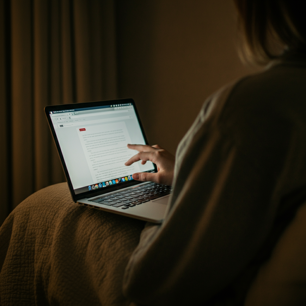Over-the-shoulder shot of a person scrolling through a fan-fiction website on a laptop. The screen is softly illuminated, highlighting the text on the page. The room is dimly lit with warm ambient light.