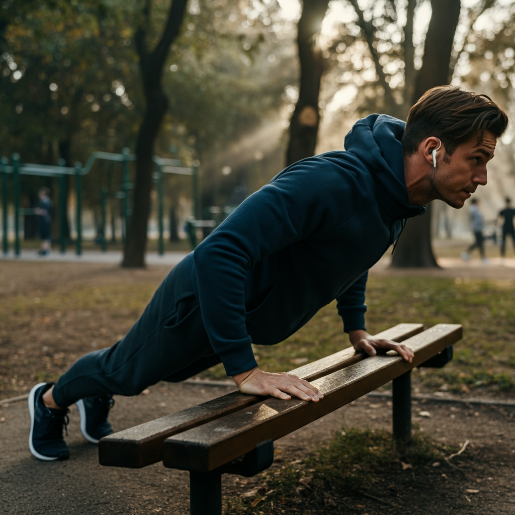 A park with a young adult doing push-ups on a park bench, soft morning light filtering through the trees, creating long shadows. Focus is on the defined muscles and form, with blurred background of other people exercising.