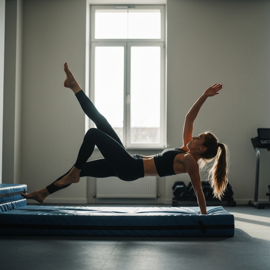 A side view of an athletic woman demonstrating a parkour landing on a padded mat in a well-lit gym. The focus is on her leg position and posture, with natural light streaming in from a nearby window. Soft bokeh on gym equipment in the background.
