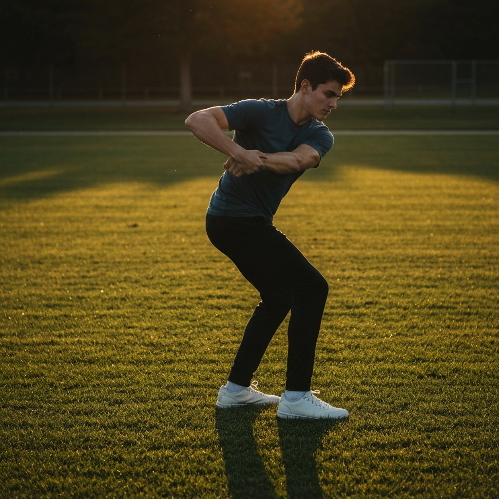 A young man in athletic attire demonstrating a shoulder roll on a grassy field during golden hour. Side-lit textures of the grass and clothing, with a soft, warm glow highlighting the movement.