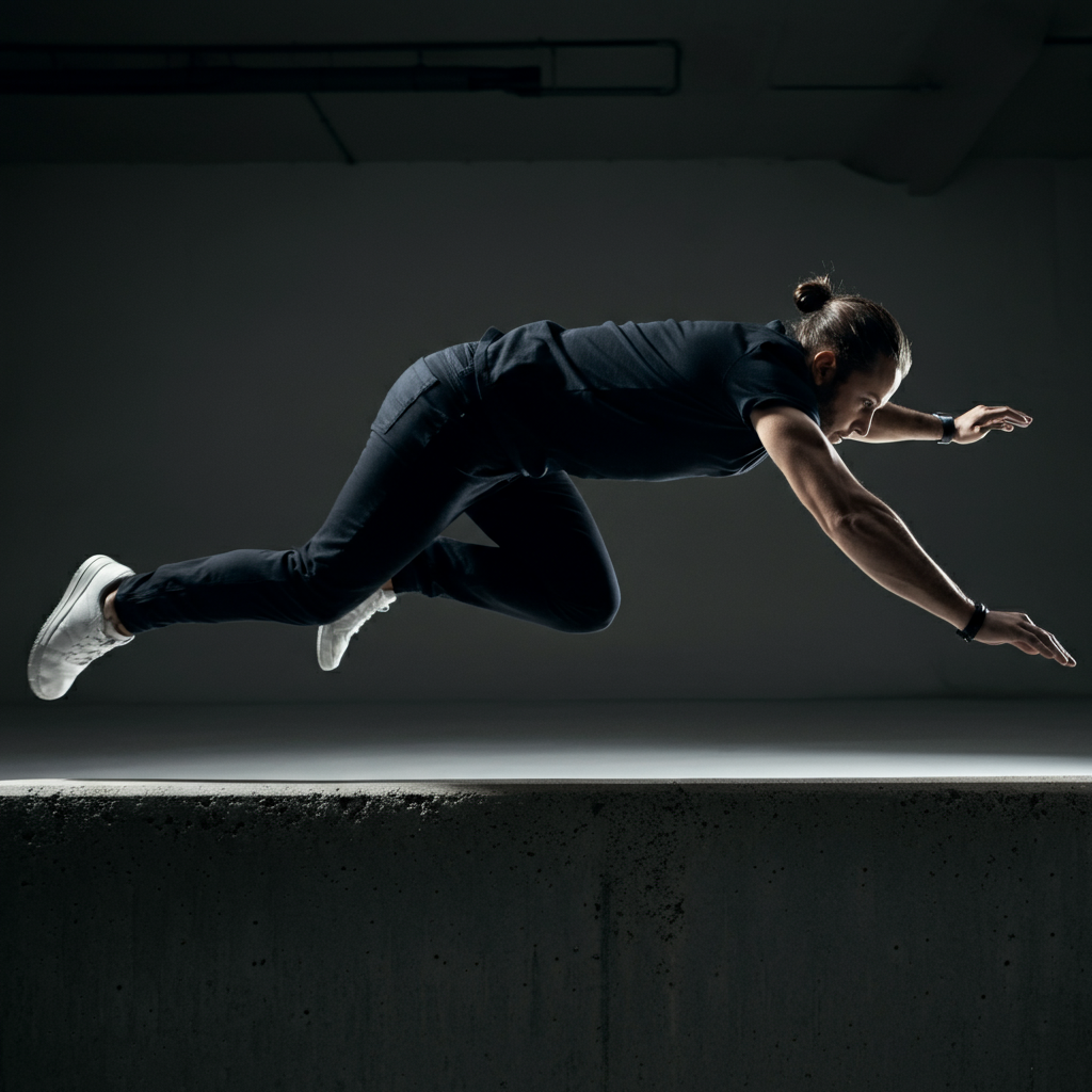 A traceur performing a speed vault over a concrete barrier in an urban environment. The lighting is overcast, highlighting the texture of the concrete. The camera angle is slightly low, emphasizing the height and power of the vault.