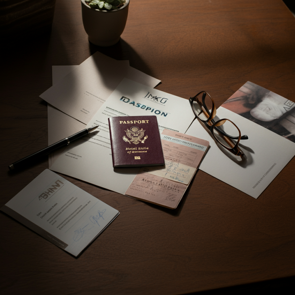 A desk surface with neatly arranged documents: a passport open to the photo page, a flight itinerary, a hotel booking confirmation, and a bank statement. The items are side-lit, casting long shadows and emphasizing the textures.