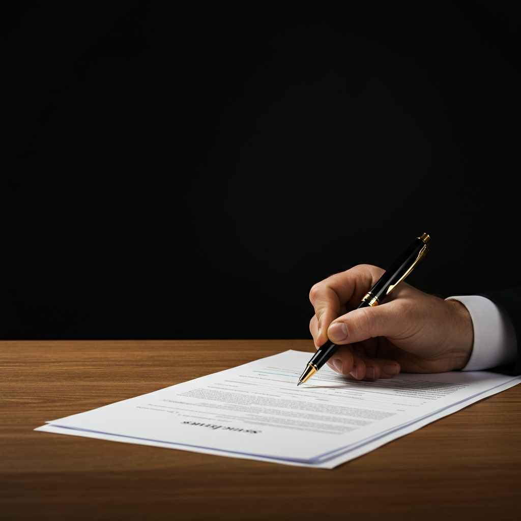 A hand holding a pen, filling out a paper form on a wooden desk. The focus is on the pen and the form, with the background blurred. The light is diffused and even.