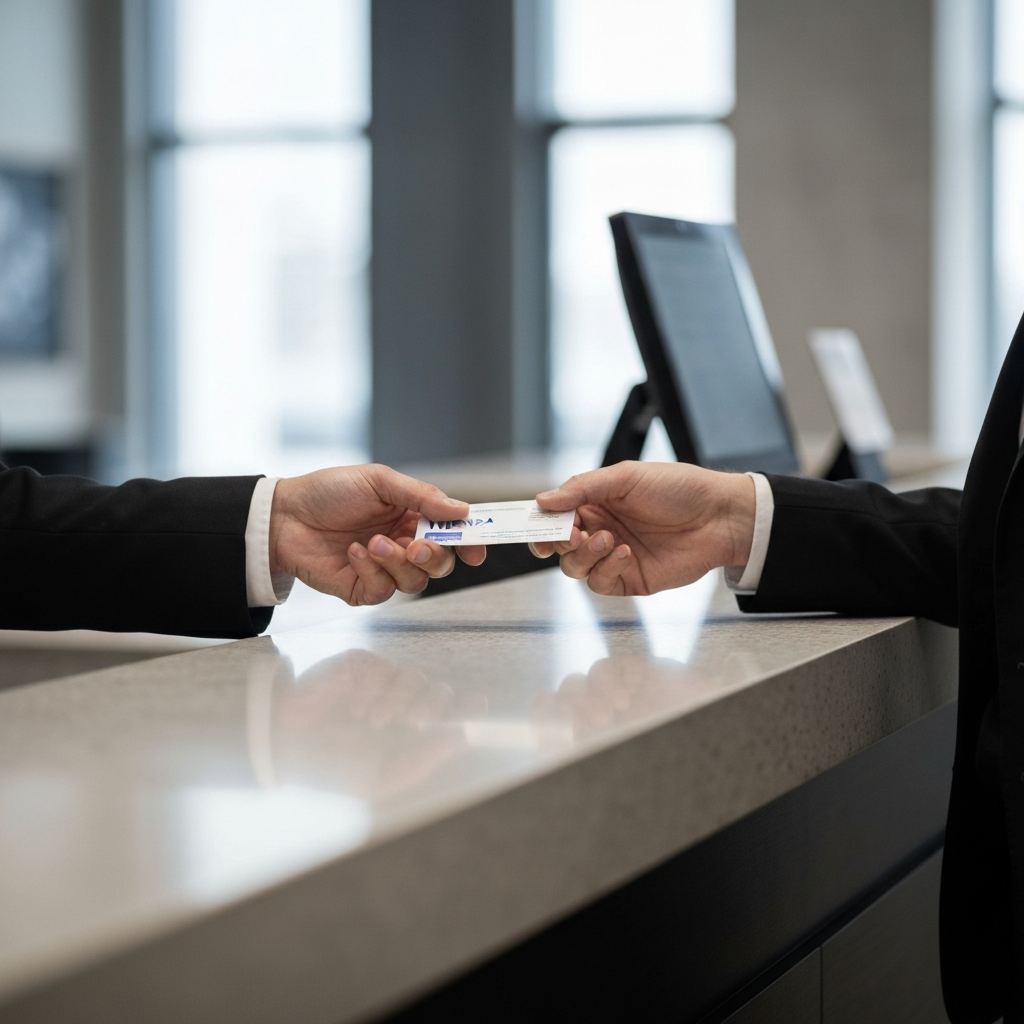 A close-up of hands exchanging a visa fee payment over a counter. The lighting is focused on the transaction, creating a sense of officialdom.