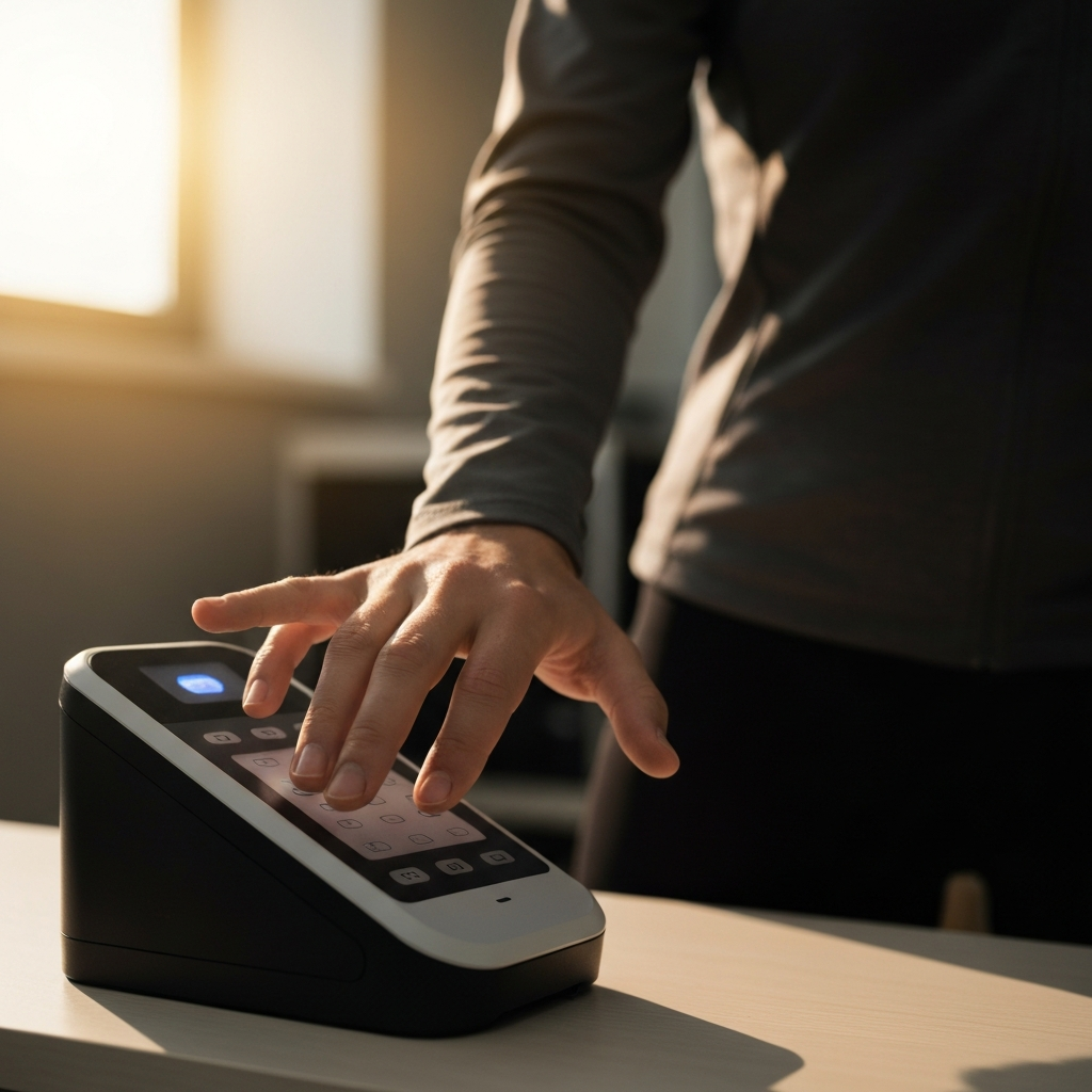 A person placing their hand on a biometric scanner in a professional office setting. The light highlights the ridges of their fingertips. Soft, professional attire is visible.