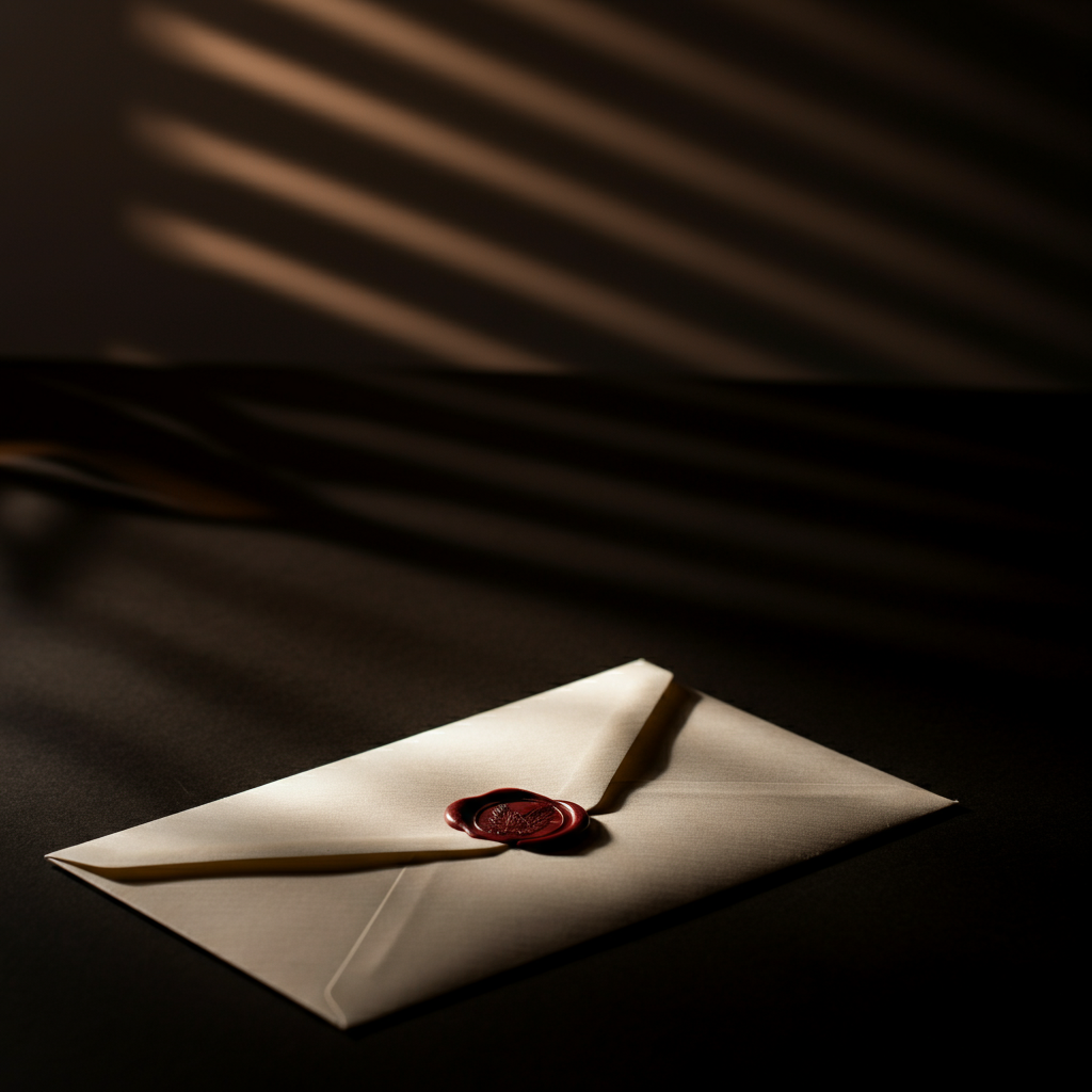 An envelope with a government seal resting on a table. Soft window light casts a warm glow on the scene, creating anticipation.