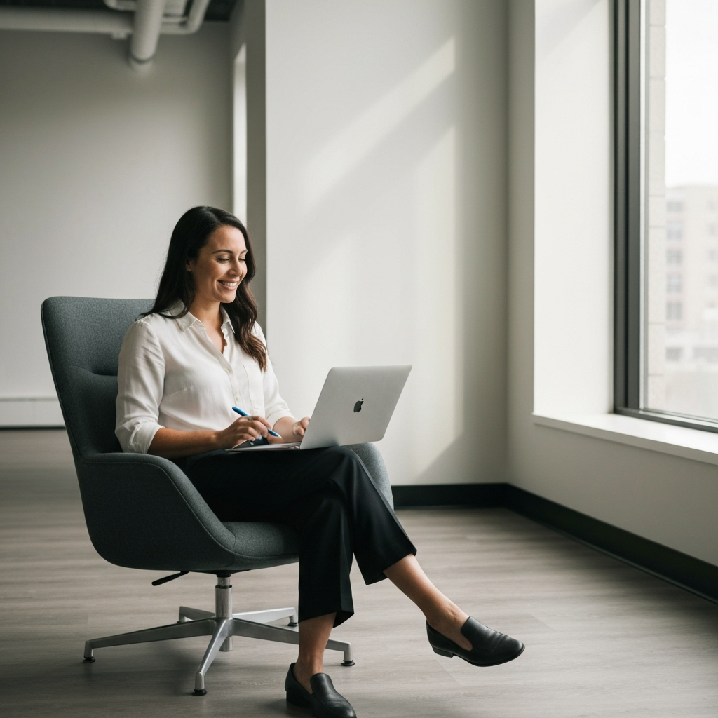 A new employee sitting in a modern office chair, smiling as she reviews onboarding materials on a laptop. Soft, diffused light streams in from a nearby window, highlighting the laptop screen.
