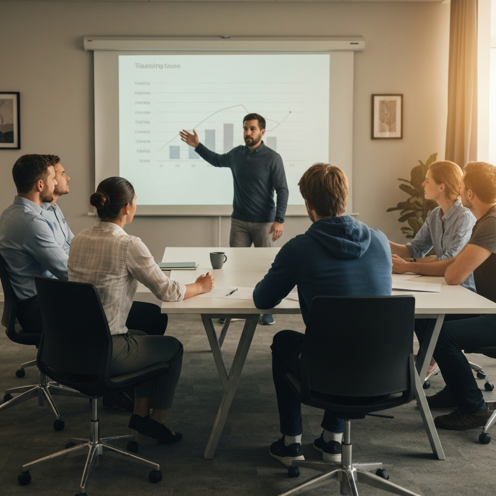 A group of new employees attentively watching a training presentation in a modern conference room. The room has soft, natural lighting, and the presenter is gesturing towards a projected graph.