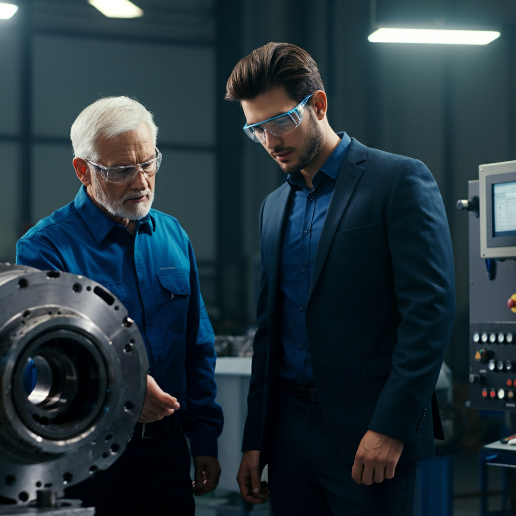 Two employees, one older and one younger, standing side-by-side in a manufacturing area, examining a machine part. The lighting is industrial, with strong highlights on the machine's textures.