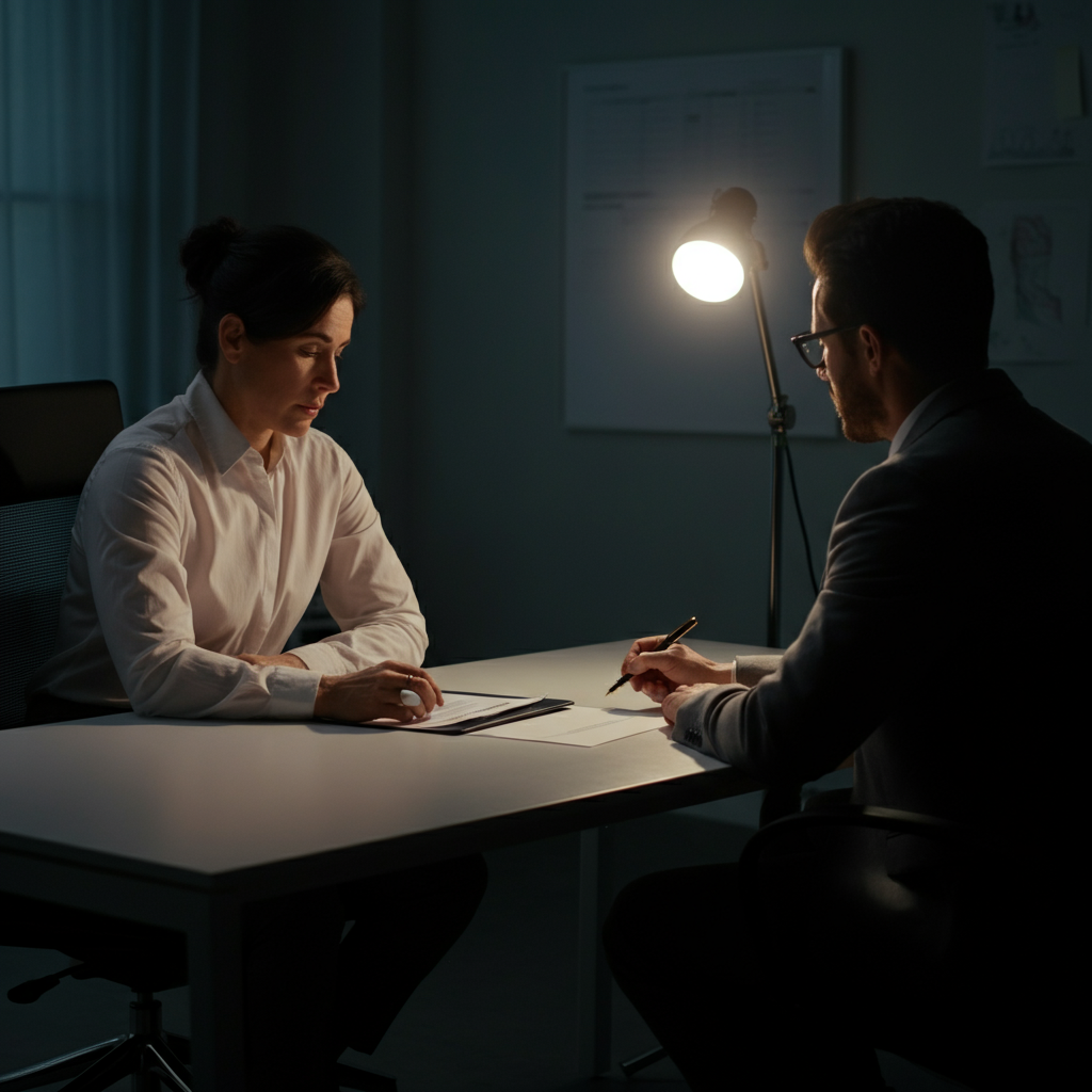 A manager sitting at a desk, engaged in a one-on-one performance review with an employee. Soft, indirect lighting creates a professional and comfortable atmosphere.